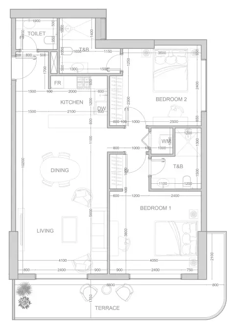 Plattegrond van 2 slaapkamers in V1VID Tower
