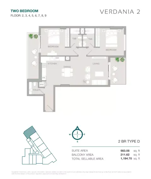 Plattegrond van 2 slaapkamers in VERDAN1A Phase 2 By Object 1