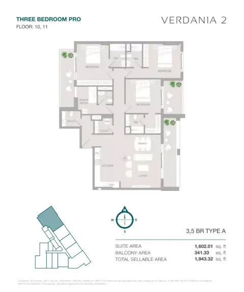 Plattegrond van 3 slaapkamers in VERDAN1A Phase 2 By Object 1