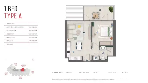Plattegrond van 1 slaapkamer in Rove Home