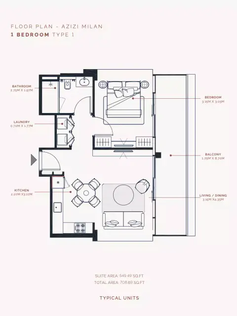 Plattegrond van 1 slaapkamer in Azizi Milan 51