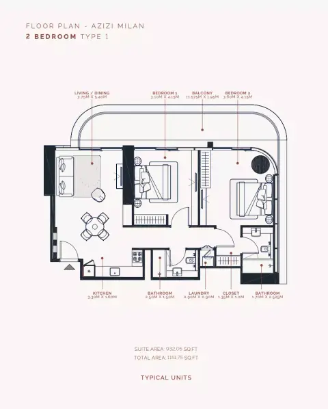 Plattegrond van 2 slaapkamers in Azizi Milan 51