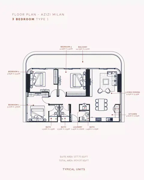 Plattegrond van 3 slaapkamers in Azizi Milan 51