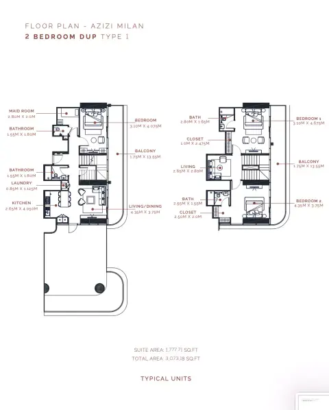 Plattegrond van 2 slaapkamers in Azizi Milan 51