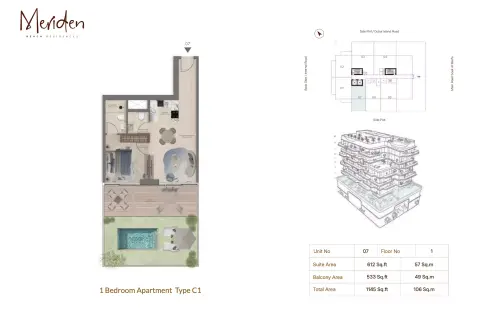 Plattegrond van 1 slaapkamer in Meriden Beach