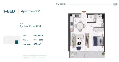 Plattegrond van 1 slaapkamer in Wadi Hills