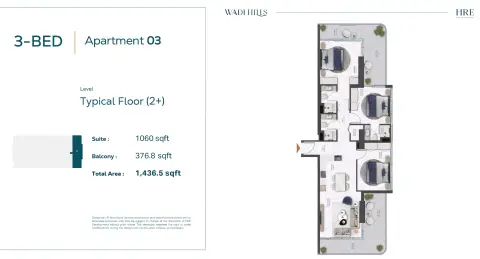 Plattegrond van 3 slaapkamers in Wadi Hills