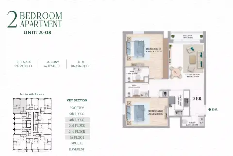 Plattegrond van 2 slaapkamers in White Opals