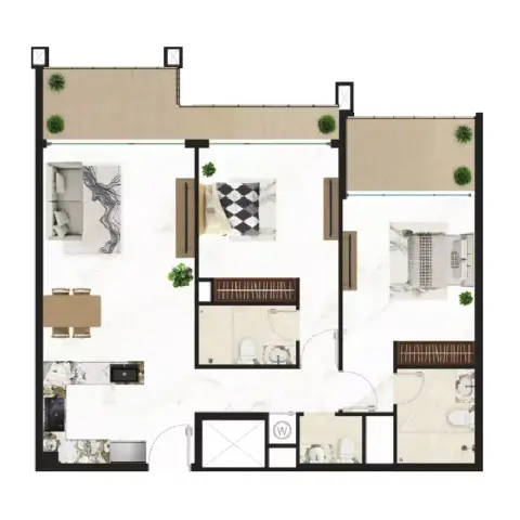 Plattegrond van 2 slaapkamers in Courtyard One