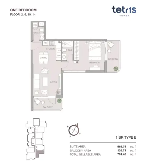 Plattegrond van 1 slaapkamer in Tetris Tower