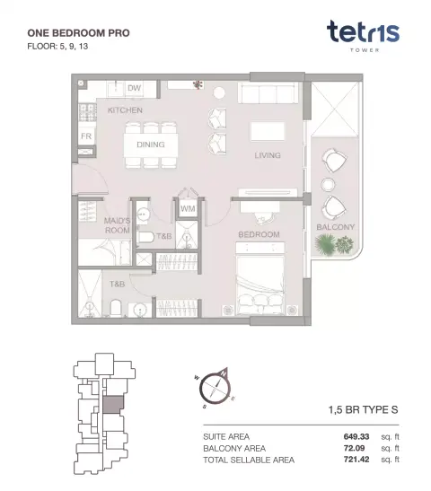 Plattegrond van 2 slaapkamers in Tetris Tower