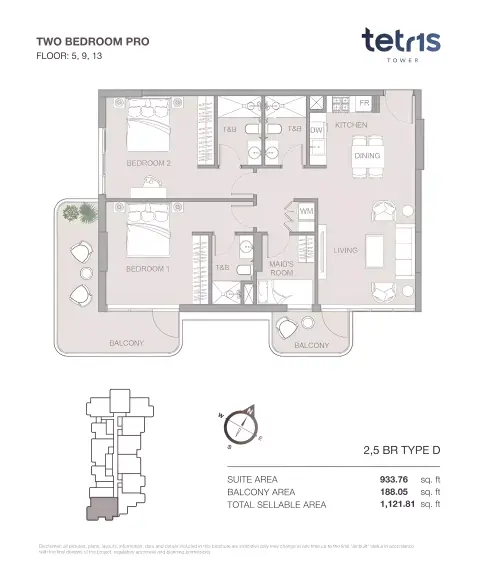 Plattegrond van 3 slaapkamers in Tetris Tower