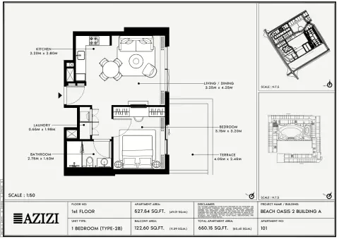 Plattegrond van 1 slaapkamer in Beach Oasis Phase 2 By Azizi