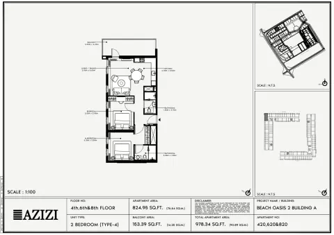 Plattegrond van 2 slaapkamers in Beach Oasis Phase 2 By Azizi