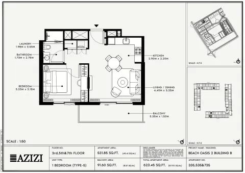 Plattegrond van 1 slaapkamer in Beach Oasis Phase 2 By Azizi