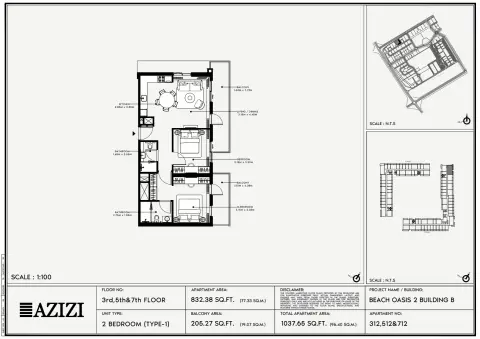 Plattegrond van 2 slaapkamers in Beach Oasis Phase 2 By Azizi
