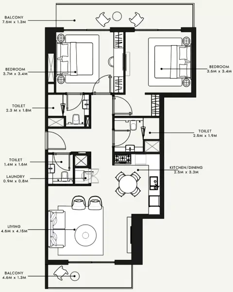 Plattegrond van 2 slaapkamers in Azizi Milan 55