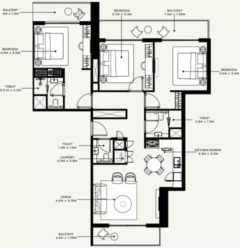 Plattegrond van 3 slaapkamers in Azizi Milan 55