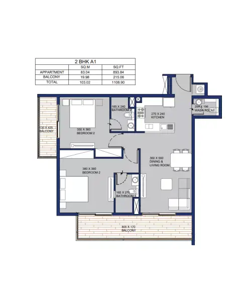 Plattegrond van 2 slaapkamers in Garnet by Siroya