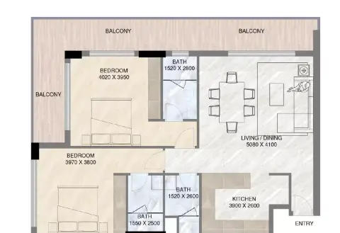 Plattegrond van 2 slaapkamers in Sunbliss Residence