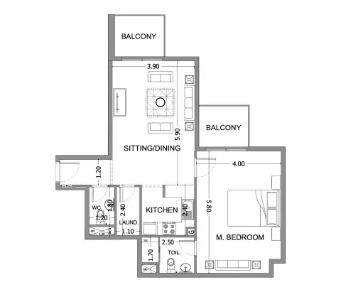 Plattegrond van 1 slaapkamer in Mayas Sea View
