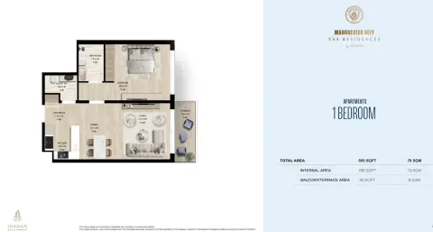 Plattegrond van 1 slaapkamer in Manchester City Yas Residences A