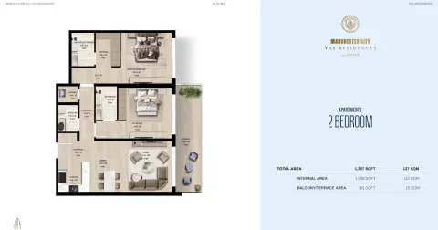 Plattegrond van 2 slaapkamers in Manchester City Yas Residences A