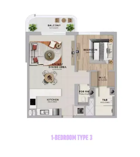 Plattegrond van 1 slaapkamer in Yas Living