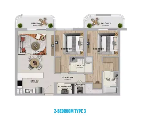 Plattegrond van 2 slaapkamers in Yas Living