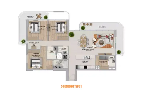 Plattegrond van 3 slaapkamers in Yas Living