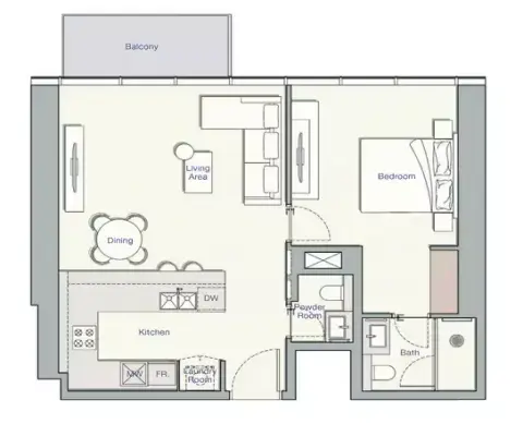 Plattegrond van 1 slaapkamer in UH East