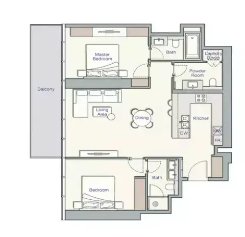 Plattegrond van 2 slaapkamers in UH East