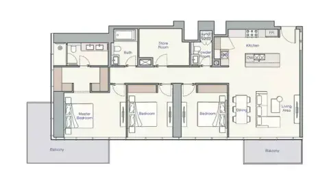 Plattegrond van 3 slaapkamers in UH East