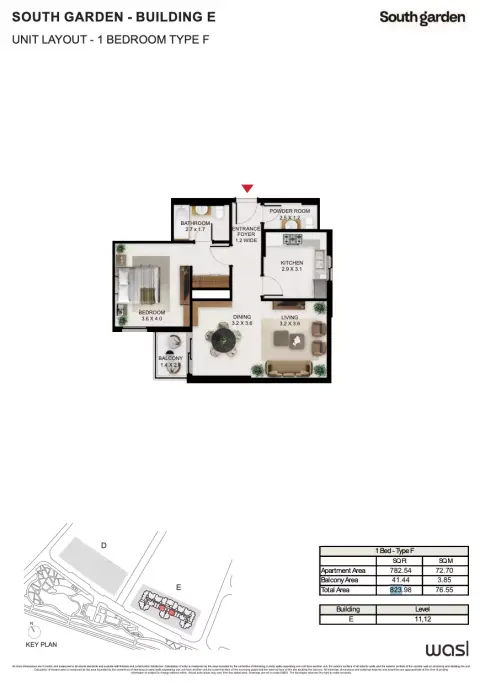 Plattegrond van 1 slaapkamer in South Garden E