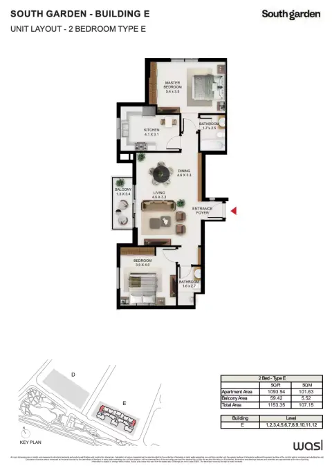 Plattegrond van 2 slaapkamers in South Garden E
