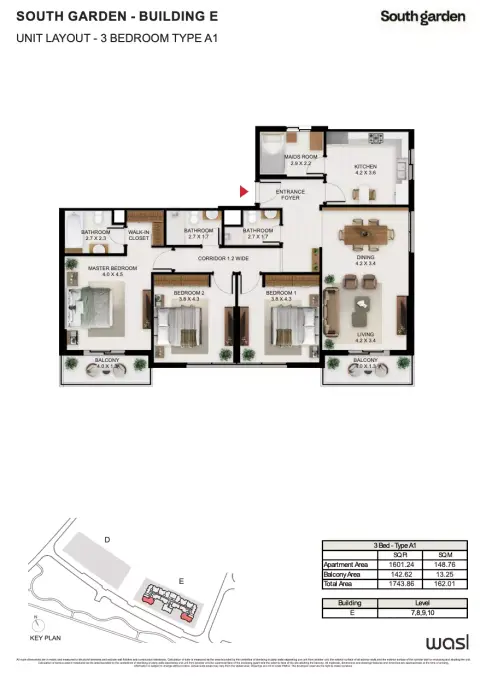Plattegrond van 3 slaapkamers in South Garden E
