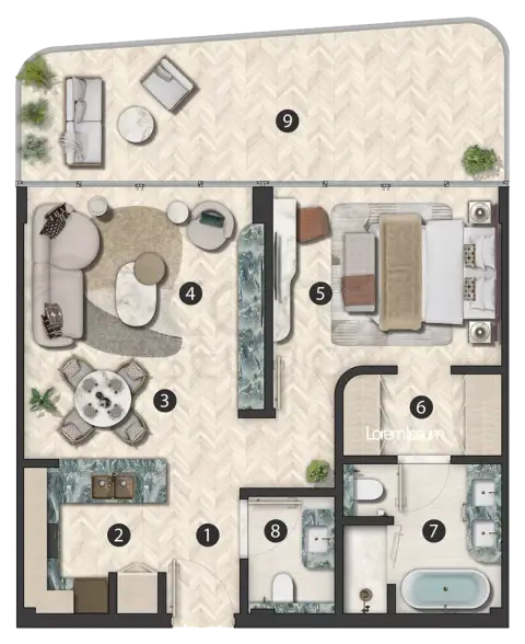 Plattegrond van 1 slaapkamer in Hilton Residences Abu Dhabi Al Raha