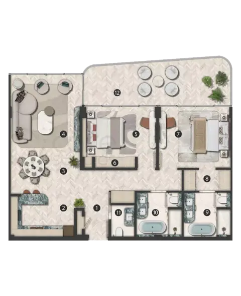 Plattegrond van 2 slaapkamers in Hilton Residences Abu Dhabi Al Raha