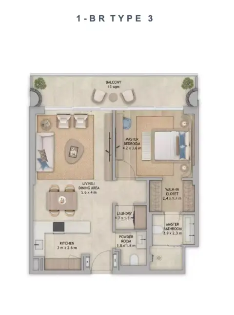Plattegrond van 1 slaapkamer in Mamsha Palm