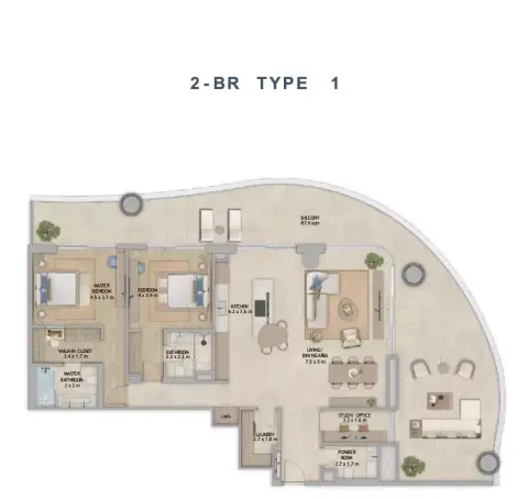 Plattegrond van 2 slaapkamers in Mamsha Palm