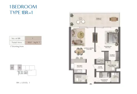 Plattegrond van 1 slaapkamer in Rotana Residences North Tower