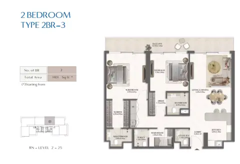 Plattegrond van 2 slaapkamers in Rotana Residences North Tower