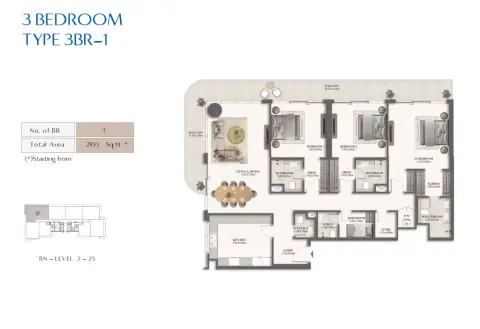 Plattegrond van 3 slaapkamers in Rotana Residences North Tower