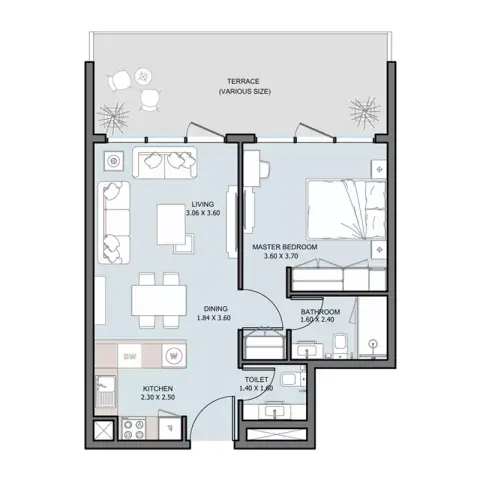Plattegrond van 1 slaapkamer in The District