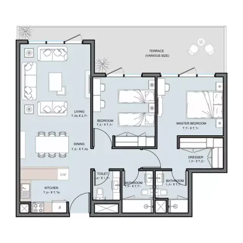 Plattegrond van 2 slaapkamers in The District