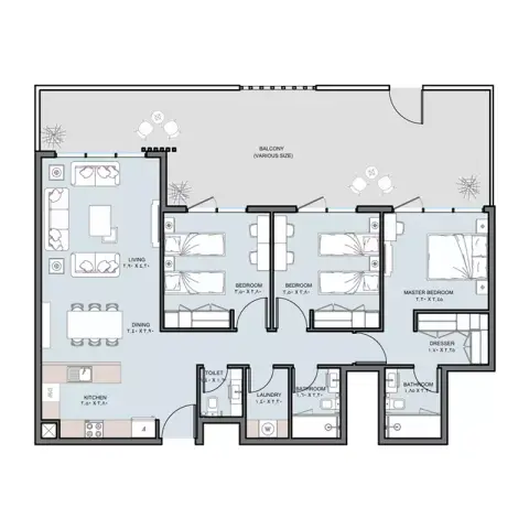 Plattegrond van 3 slaapkamers in The District