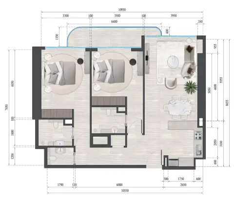 Plattegrond van 2 slaapkamers in Guzel Towers Phase 4 by Tiger