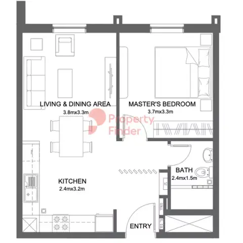 Plattegrond van 1 slaapkamer in Reeman Living Phase 2 by Aldar