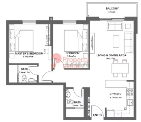 Plattegrond van 2 slaapkamers in Reeman Living Phase 2 by Aldar