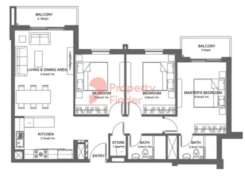 Plattegrond van 3 slaapkamers in Reeman Living Phase 2 by Aldar